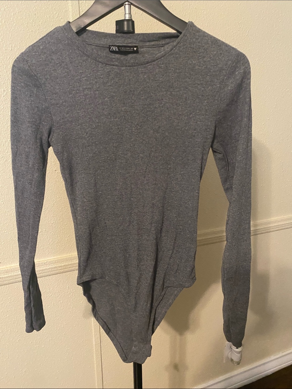 Zara Heather Gray Long-Sleeve Crew Neck Bodysuit